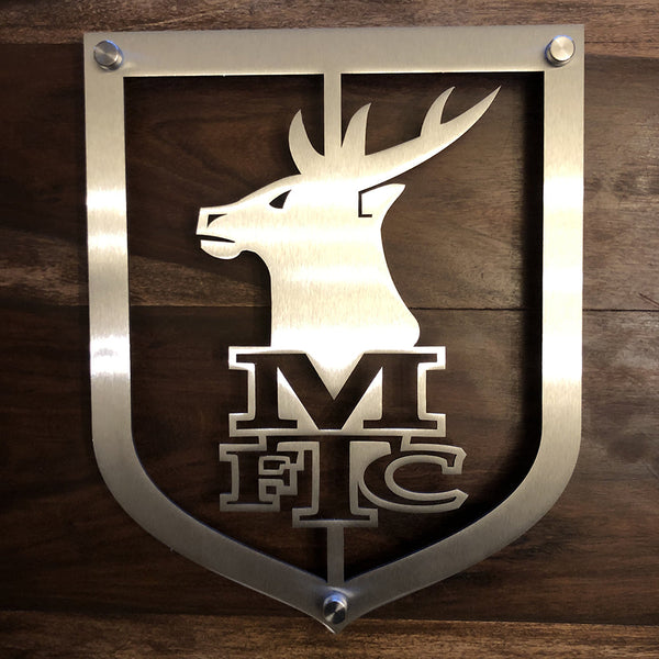 Mansfield Town Football Club 23x28.5cm Medium Stainless Steel Shield on wood background