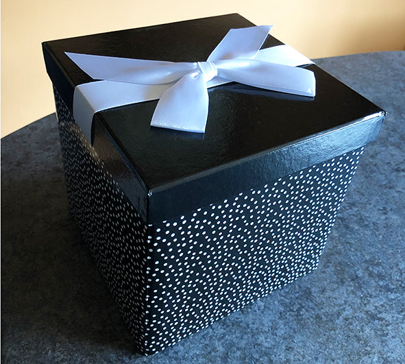 Black and White Gift Box with white bow and tag