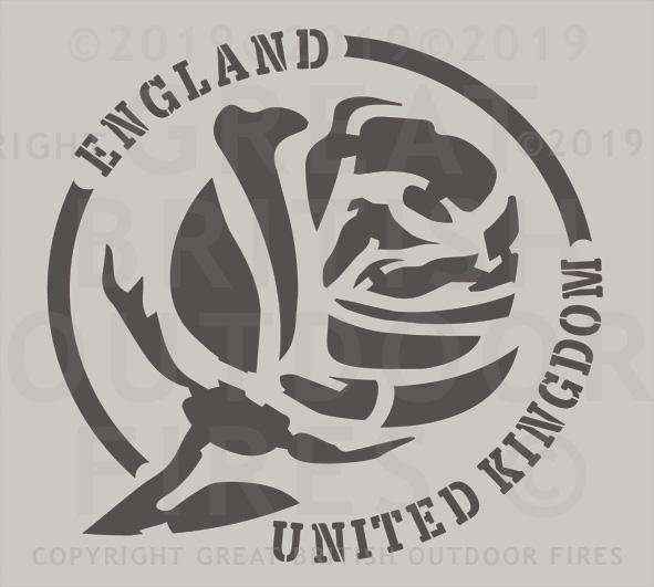 "An English rose with stem set in a circular border with the words England & United Kingdom on the circumference.