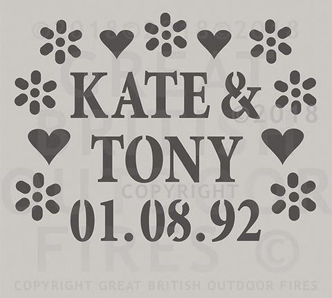 "This design is the names Kate & Tony and the date 01 08 92 encircled by a series of heart and daisy shaped cuts outs. "
