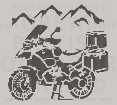 "This design is a BMW R1200GS Touring bike in the foreground, with mountains in the background."