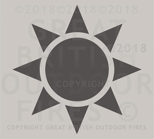 "This design is a large silhouette of a sun, with a central circle surrounded by 8 trianglular wedges representing the rays."