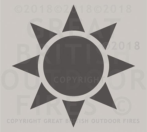 "This design is a large silhouette of a sun, with a central circle surrounded by 8 trianglular wedges representing the rays."