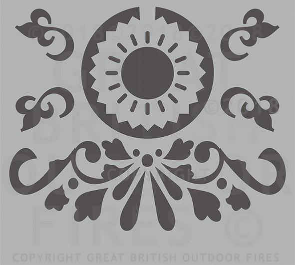 "This panel has a horizontally centred circular cut out which is partially filled by a medallion hanging resembling a sunburst within a sproket shape. The bottom portion has a wide horizontal floral pattern with 4 swirly leaf motifs."