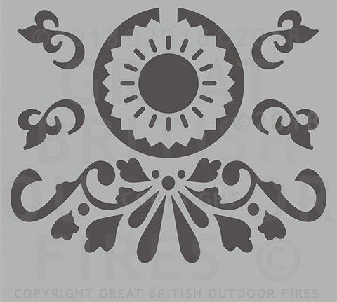 "This panel has a horizontally centred circular cut out which is partially filled by a medallion hanging resembling a sunburst within a sproket shape. The bottom portion has a wide horizontal floral pattern with 4 swirly leaf motifs."