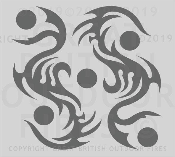 "A design comprising two vertical swirly patterns slaloming through 5 dots interspersed in a mildly skewed quincunx pattern."