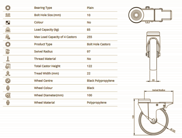This image lists the characteristics of the braked castors. The Bearing Type is Plain. The Bolt Hole Size is 10mm. The colour is black. The load capacity is 85kg for one and 255kg for a set of 4. The Product Type is a Bolt Hole Castor. The swivel radius is 97mm. The hole is not threaded. The overall castor height is 122mm. The tread width is 22mm. The Wheel Centre and Body is made from black polypropylene. The wheel diameter is 100mm.