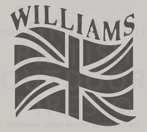 "This design depicts a British flag or Union Flag which is billowing in the wind, with the name Williams above it."