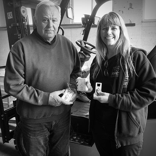 Nottingham Forest Football Club Stainless Steel Premier League Bottle Opener with Keith from Blumax Polishers and Kate, Co-Owner of Great British Outdoor Fires and bottle opener designer