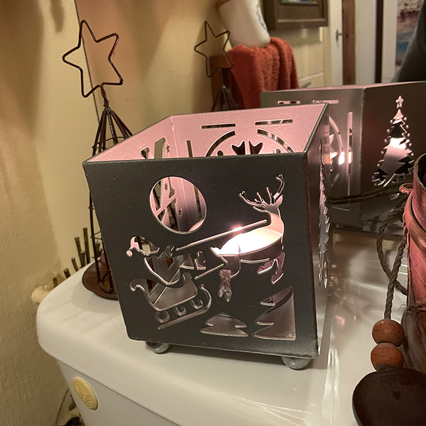 Silver Steel Christmas Candle Holder featuring Santa, a Bauble, Noel and a Christmas Tree