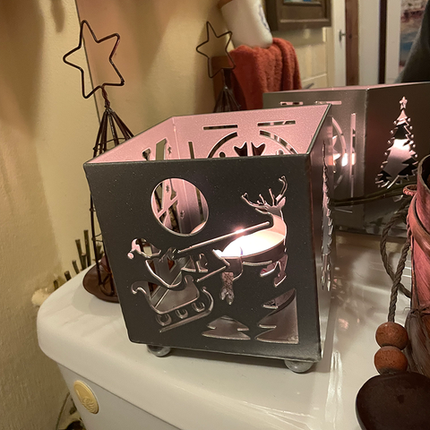 Silver Steel Christmas Candle Holder featuring Santa, a Bauble, Noel and a Christmas Tree