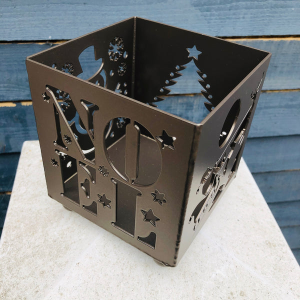 Bronze Steel Christmas Candle Holder featuring a Snowman, Noel, Christmas Tree and Santa