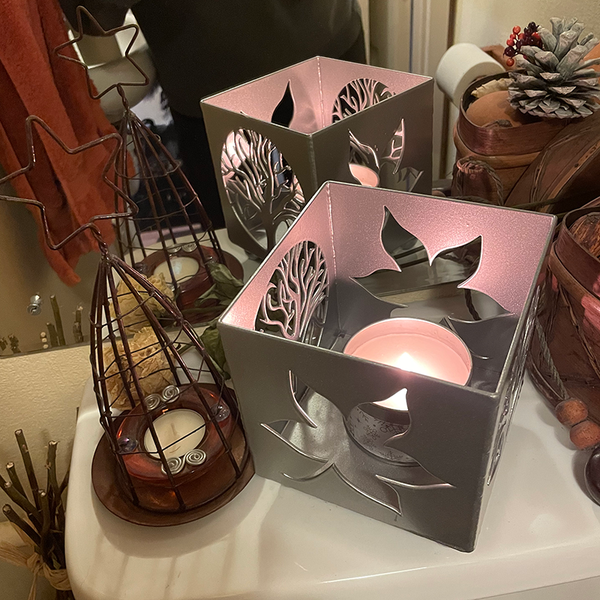 Silver Steel Christmas Candle Holder featuring a Tree Of Life and a Leaf