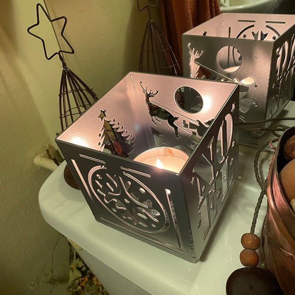 Silver Steel Christmas Candle Holder featuring Santa, a Bauble, Noel and a Christmas Tree