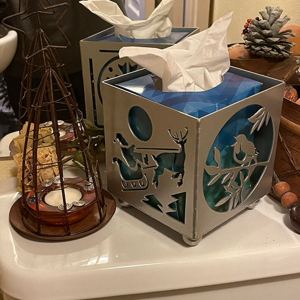 Silver Steel Christmas Candle Holder featuring a Bauble, Christmas Tree, a Robin and a Santa