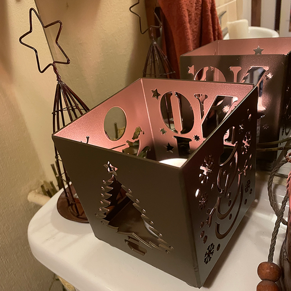 Bronze Steel Christmas Candle Holder featuring a Snowman, Noel, Christmas Tree and Santa