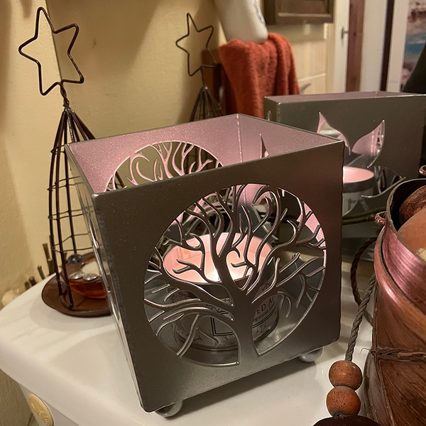 Silver Steel Christmas Candle Holder featuring a Tree Of Life and a Leaf