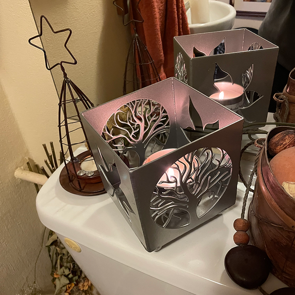 Silver Steel Christmas Candle Holder featuring a Tree Of Life and a Leaf