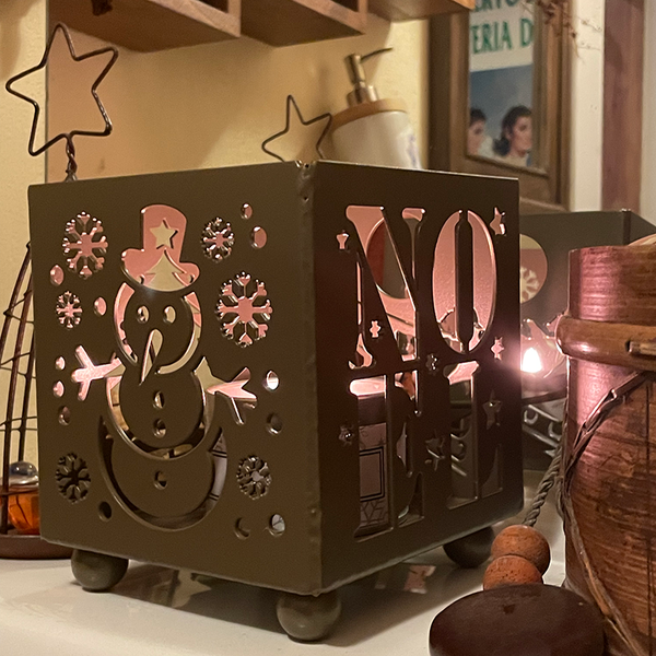 Bronze Steel Christmas Candle Holder featuring a Snowman, Noel, Christmas Tree and Santa