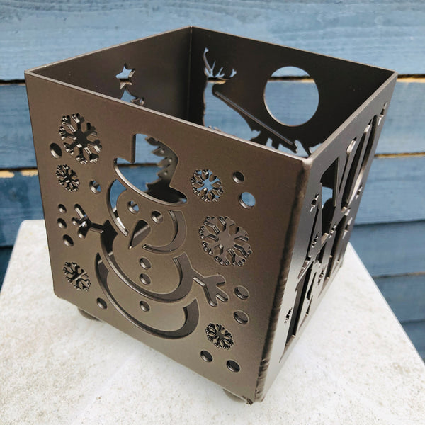 Bronze Steel Christmas Candle Holder featuring a Snowman, Noel, Christmas Tree and Santa