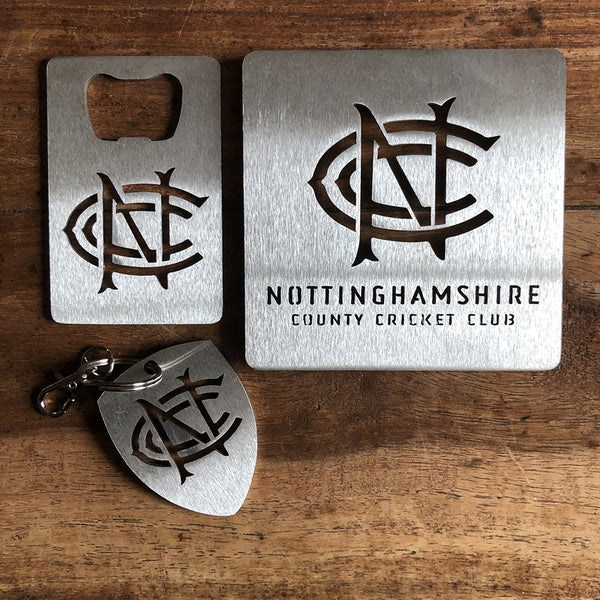 Nottinghamshire County Cricket Club Stainless Steel Brush Polished Keyring and Bottle Opener and Drinks Coaster