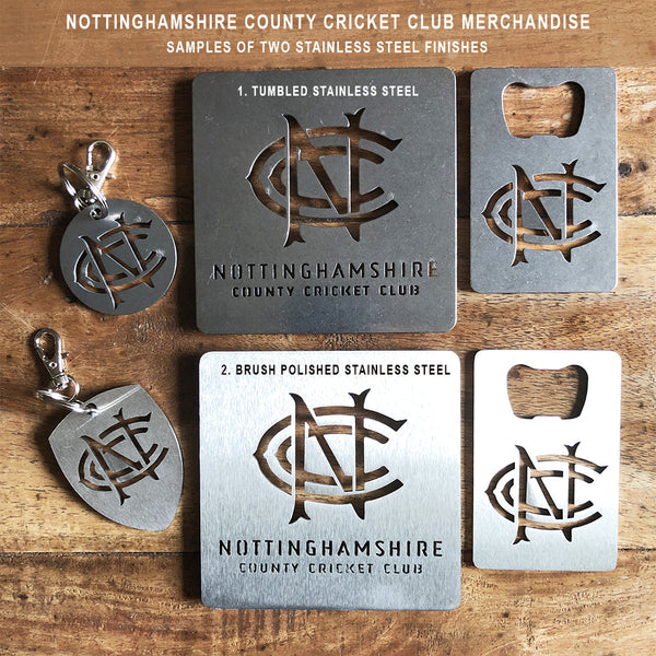 Nottinghamshire County Cricket Club Stainless Steel Brush Polished Keyring and Bottle Opener and Drink Coaster and Tumbled Bottle Opener, Drink Coaster and Keyring