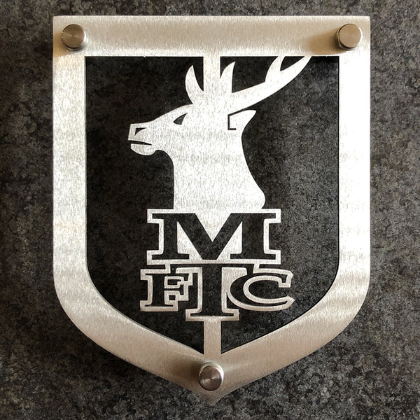 Mansfield Town Football Club 15x18cm Small Stainless Steel Shield on grey background