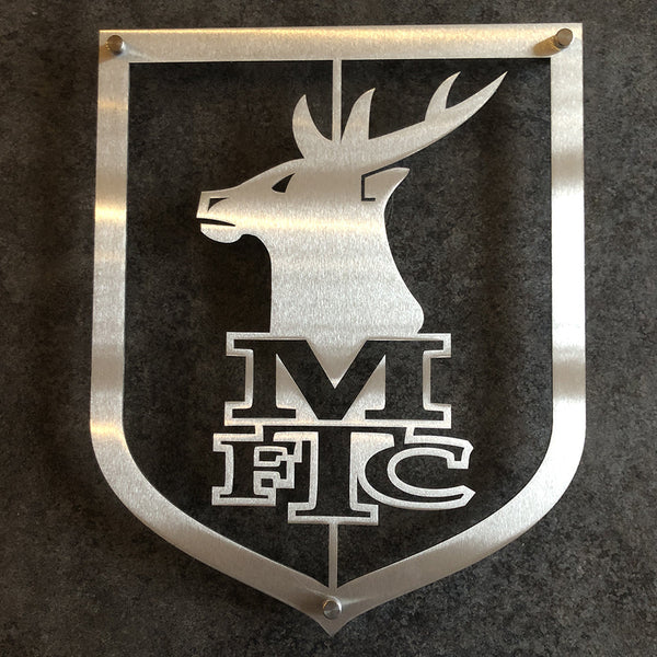 Mansfield Town Football Club 32x40cm Large Stainless Steel Shield on grey background