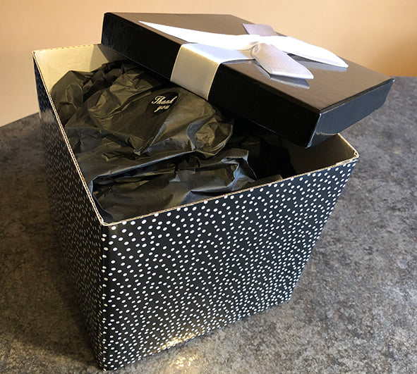 Black and White Gift Box with white bow and tag