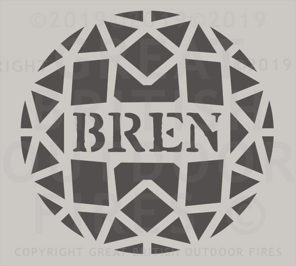 "This design is a circular geometric pattern with a horizontal band across the centre with the name Bren."
