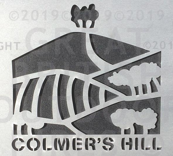 "This design is an artistic impression of Colmer's Hill with its distinctive pattern of trees and meadows."