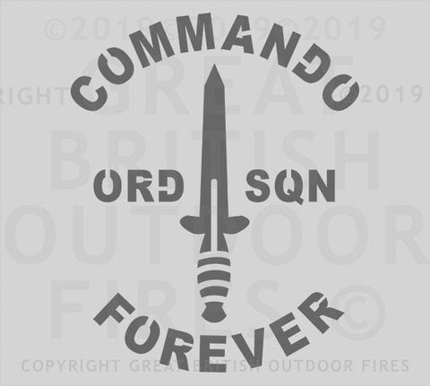 "A Fairbairn-Sykes Fighting Knife pointing upwards with words Commando Forever top and bottom and ORD & SQN left and right.