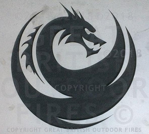 "This design features a side on profile of a fierce looking dragon with sharp sweeping swirls within circular design."