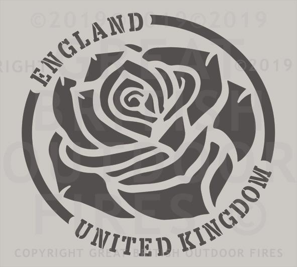 "An English rose set in a circular border with the words England & United Kingdom on the circumference.
