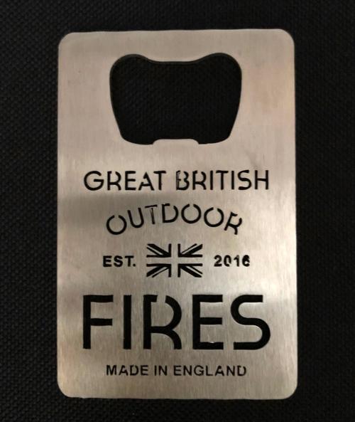 Quality stainless steel Great British Outdoor Fires Branded credit-card sized bottle opener made in Nottinghamshire, UK.