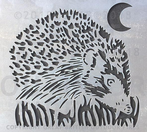 "This design is a hedgehog viewed 45 degrees from head on amongst blades of grass with a cresecnt moon in the top corner."