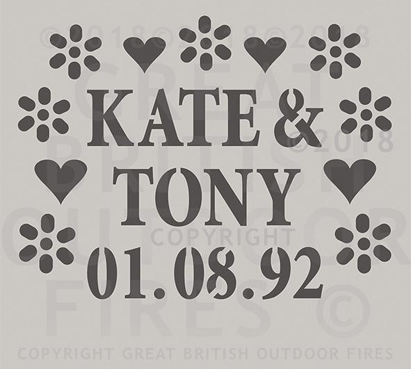 "This design is the names Kate & Tony and the date 01 08 92 encircled by a series of heart and daisy shaped cuts outs. "
