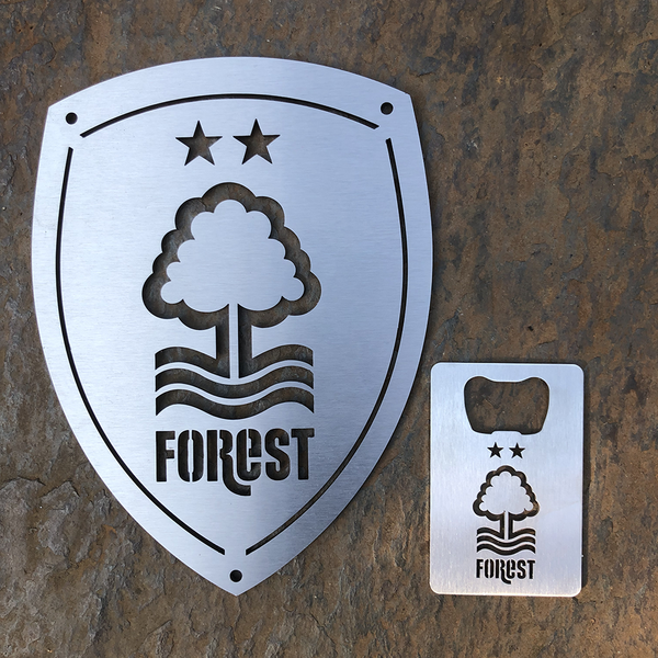 Nottingham Forest Football Club 15x20cm Stainless Steel Wall Shield and NFFC stainless steel bottle opener by Great British Outdoor Fires