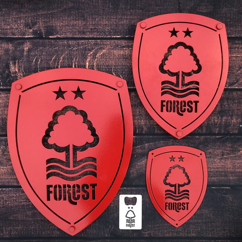 Nottingham Forest Football Club Wall Shields in 3 sizes with a credit card sized bottle opener