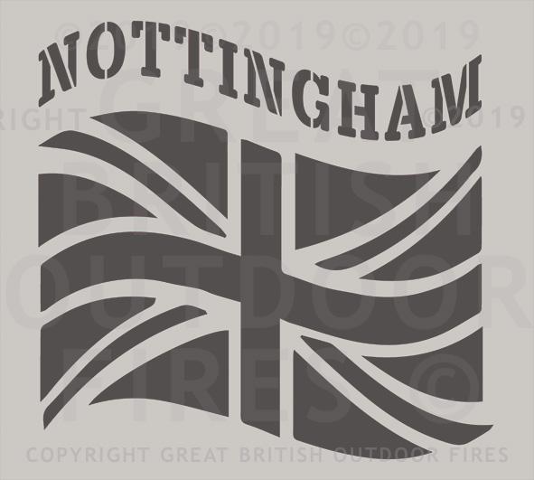 "This design depicts a British flag or Union Flag which is billowing in the wind, with the NOTTINGHAM above it."