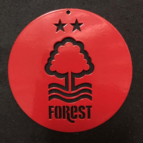 10cm Round, steel, laser cut Nottingham Forest Football Club hanging ornament with hanging hole and fish wire. It is made from 2mm thick mild steel then professionally powder coated in Nottingham Forest red for indoor or outdoor use..