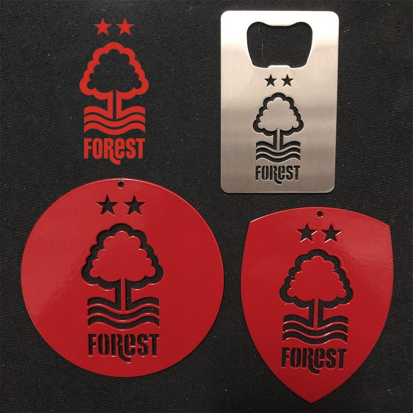 Various Nottingham Forest steel items, professionally laser cut and powder coated.