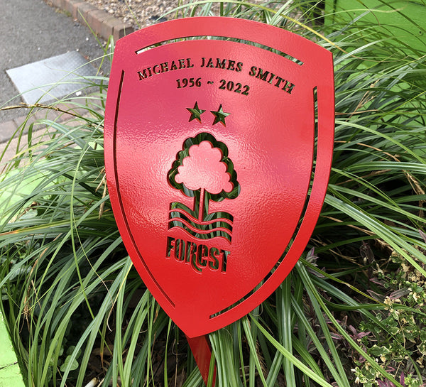 Nottingham Forest Football Club Red Steel or Brushed Stainless Steel Memorial On A Post (Personalised) | 18cm x 24cm and 62cm Tall