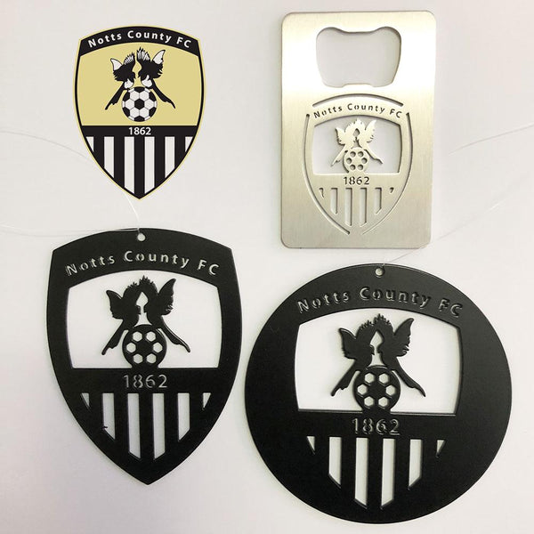 Notts County Football Club ornaments and stainless steel bottle opener.