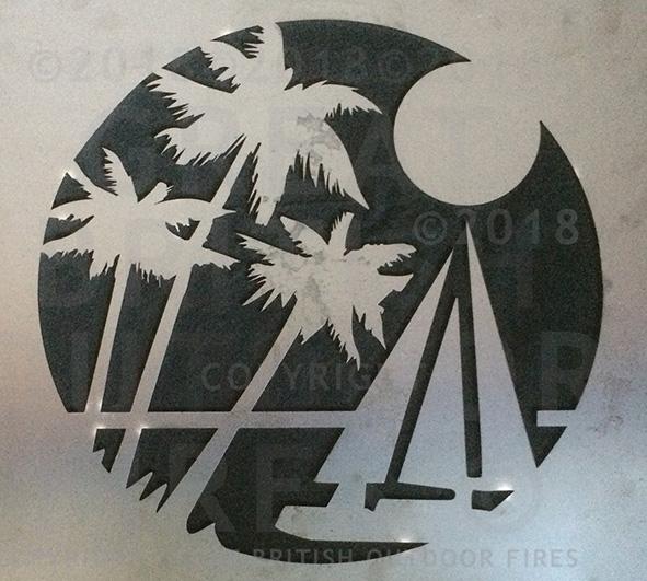 "Design features three palm trees in the foreground with a sailboat on a calm sea with a full moon."