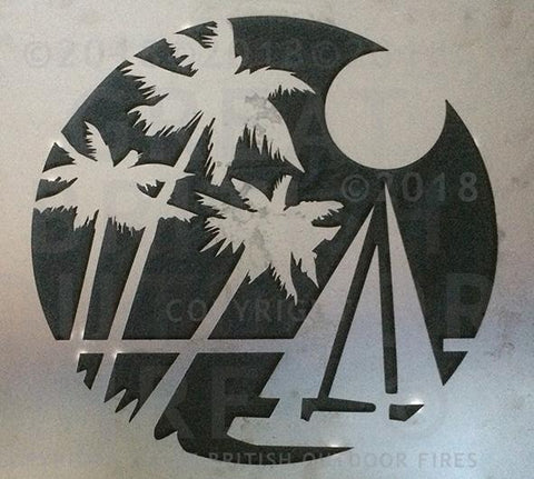 "Design features three palm trees in the foreground with a sailboat on a calm sea with a full moon."