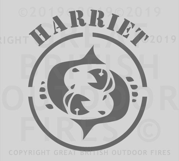 "This design features the pictorial Pisces zodiac sign within a circular border, with the name Harriet above it."
