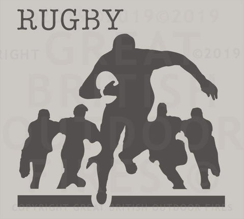 "This design features a rugby player running toward you with flanking players in the background."