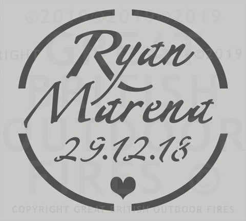 "This circular design contains the names Ryan & Marena, the date 29.12.18 and a small heart"