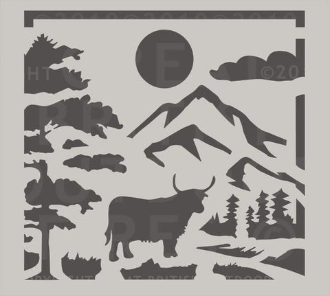 "This design features a Scottish highlands cow in the foreground, surrounded by trees with a sun, mountains, and clouds in the background."